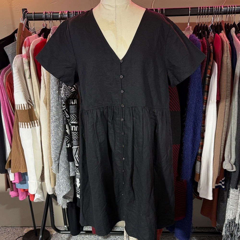Madewell Black Button-Front V-Neck Babydoll Tunic Dress